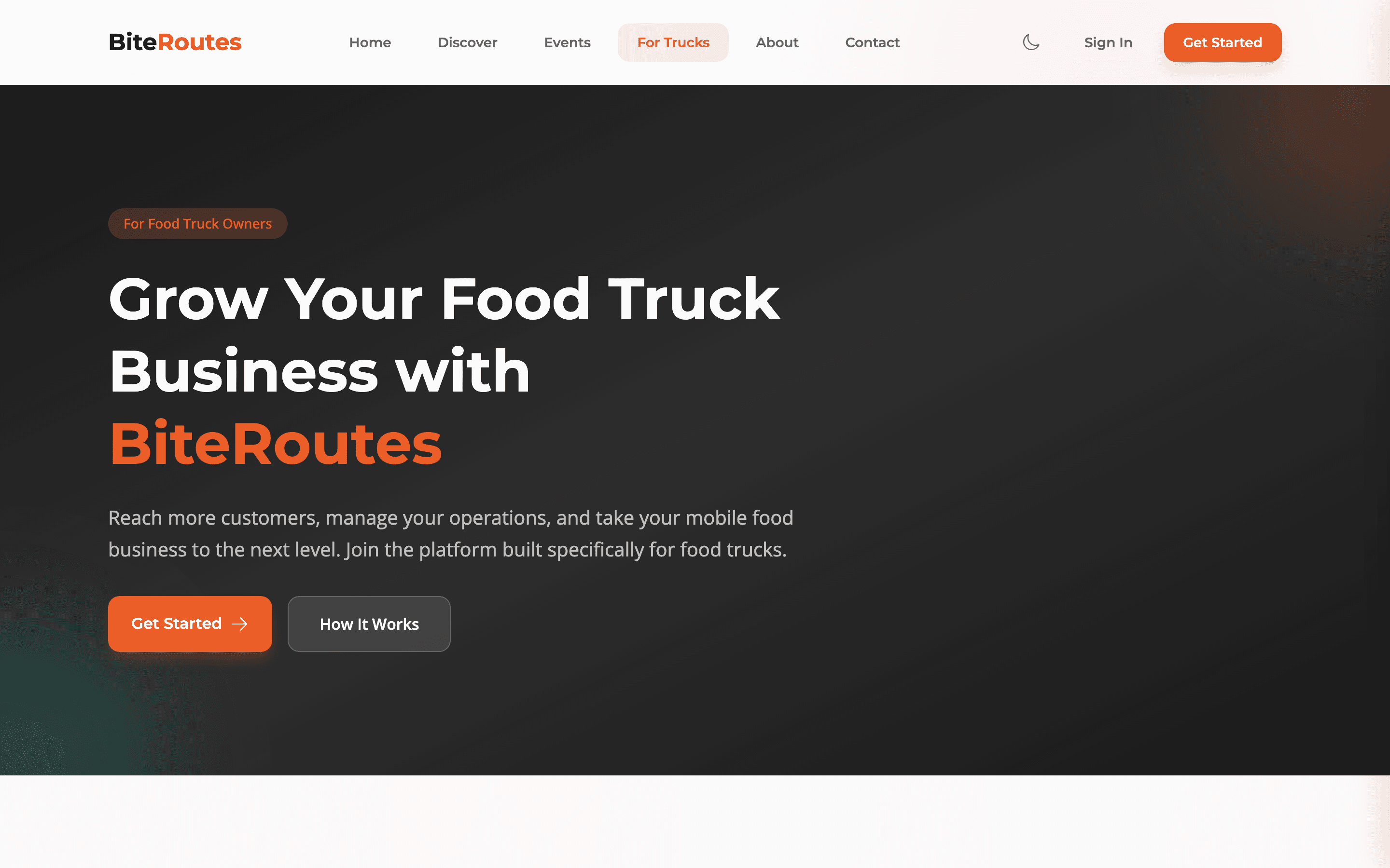 BiteRoutes owner page inviting food truck operators to manage their business on the platform