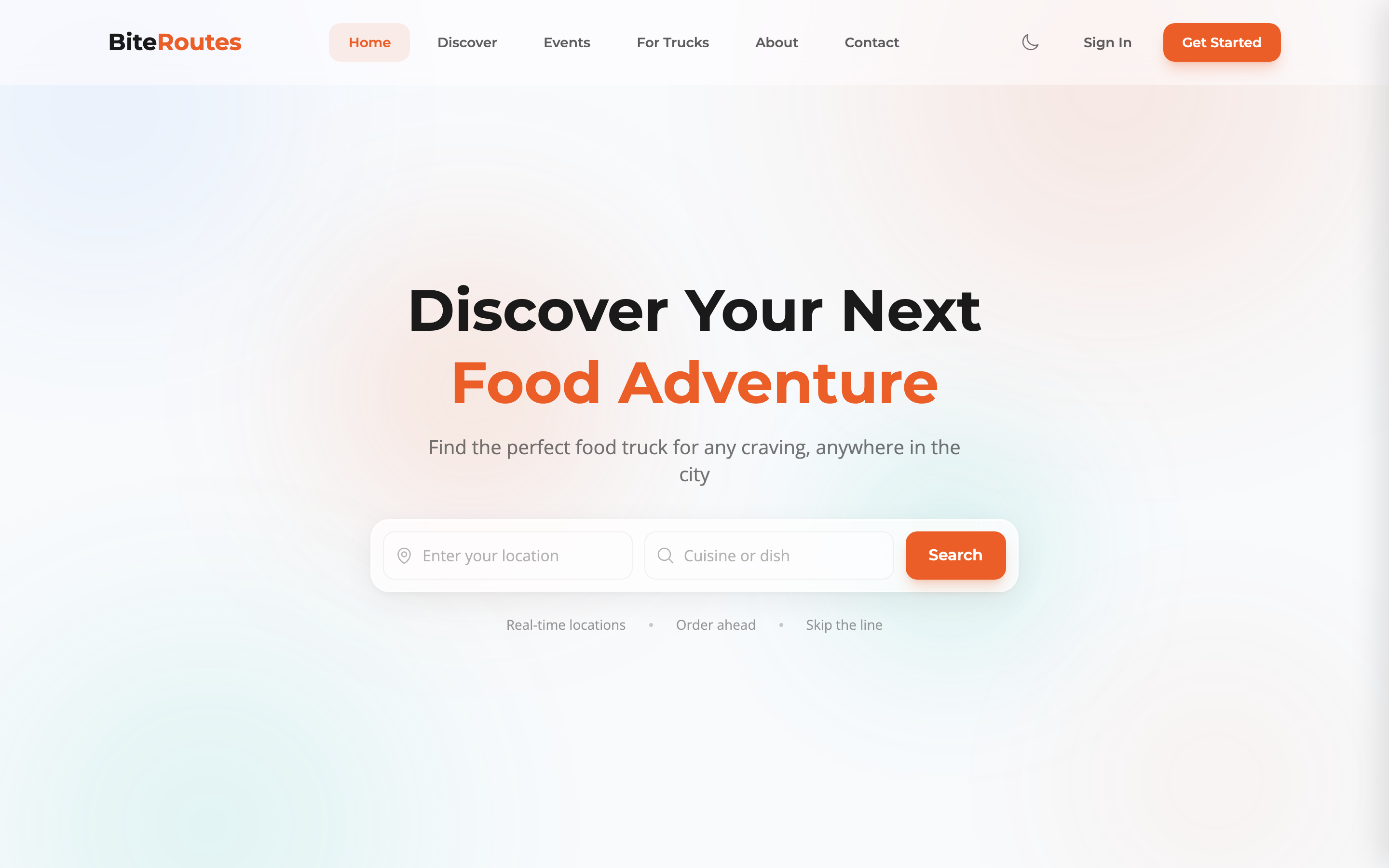 BiteRoutes landing page with location and cuisine search for finding nearby food trucks