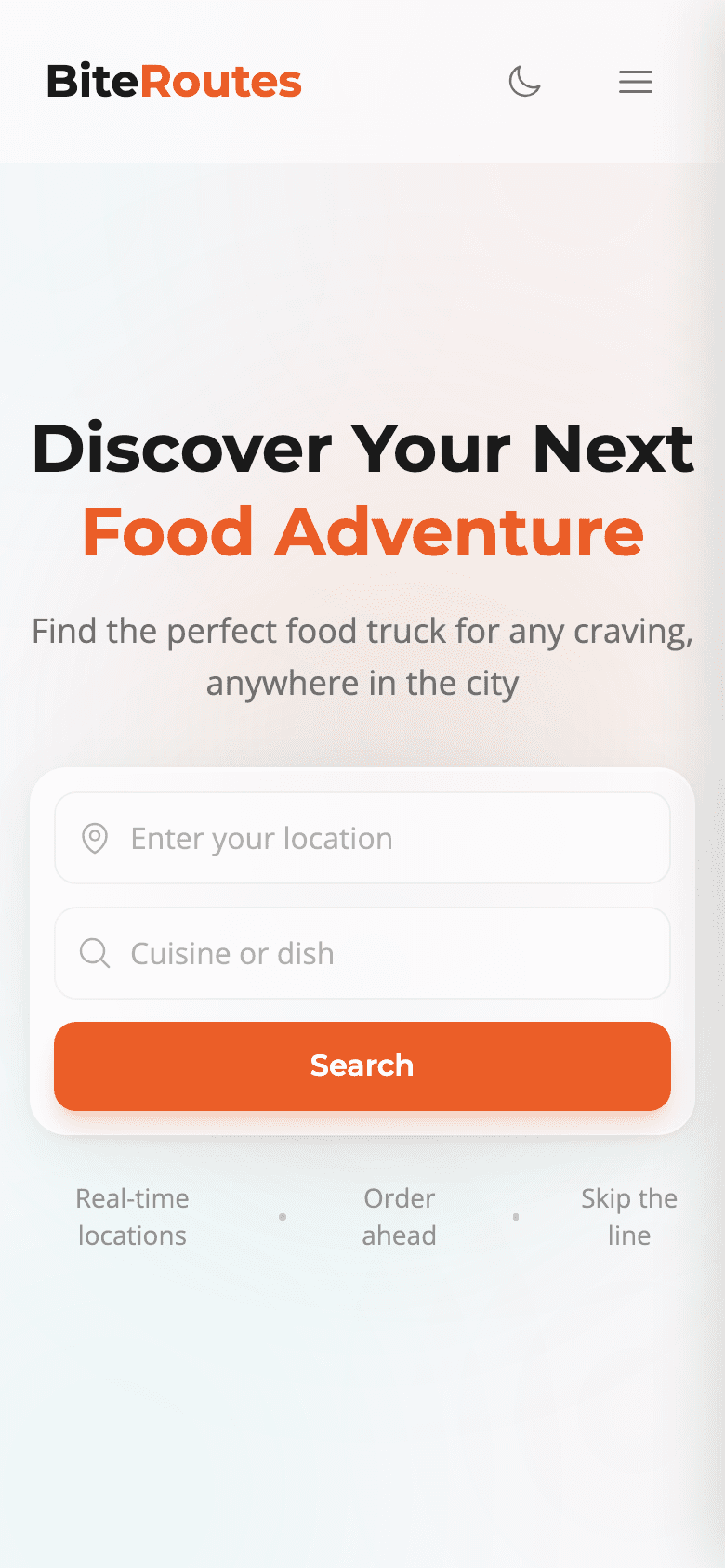 BiteRoutes landing page at phone width with stacked location and cuisine search fields