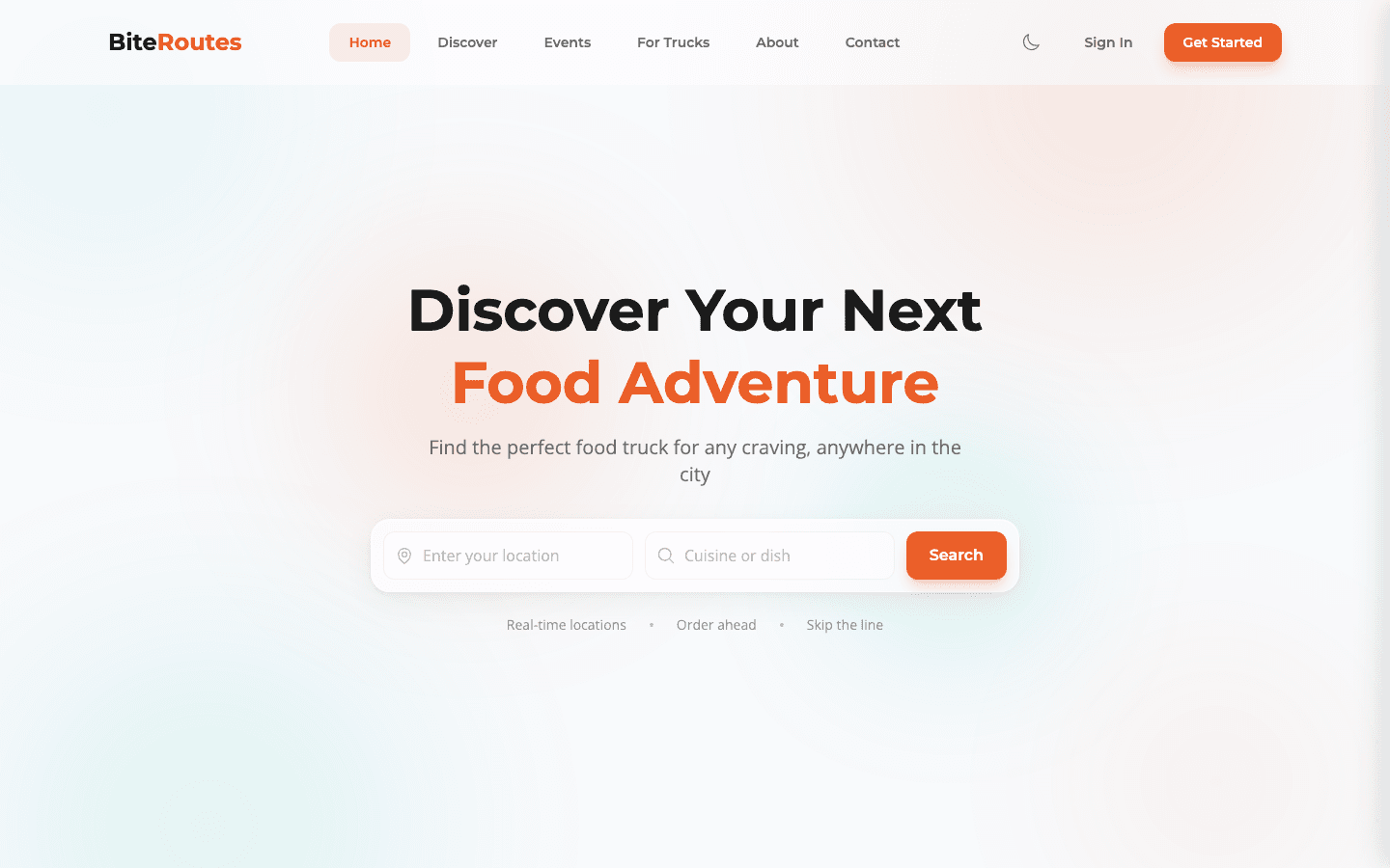 BiteRoutes home page with location and cuisine search for finding food trucks