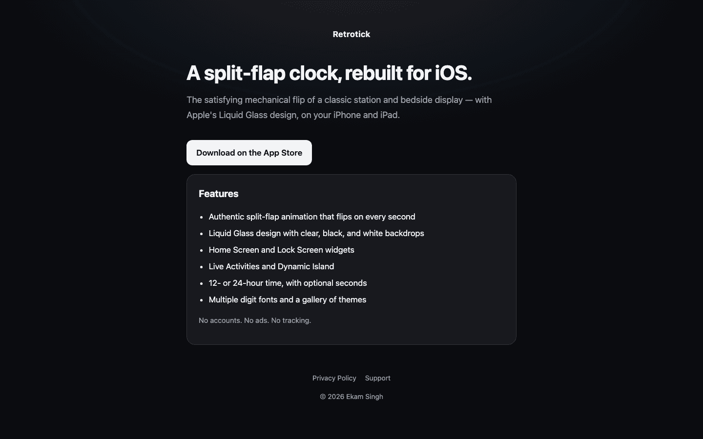 Retrotick marketing page headlined a split-flap clock rebuilt for iOS, listing widgets and Live Activities