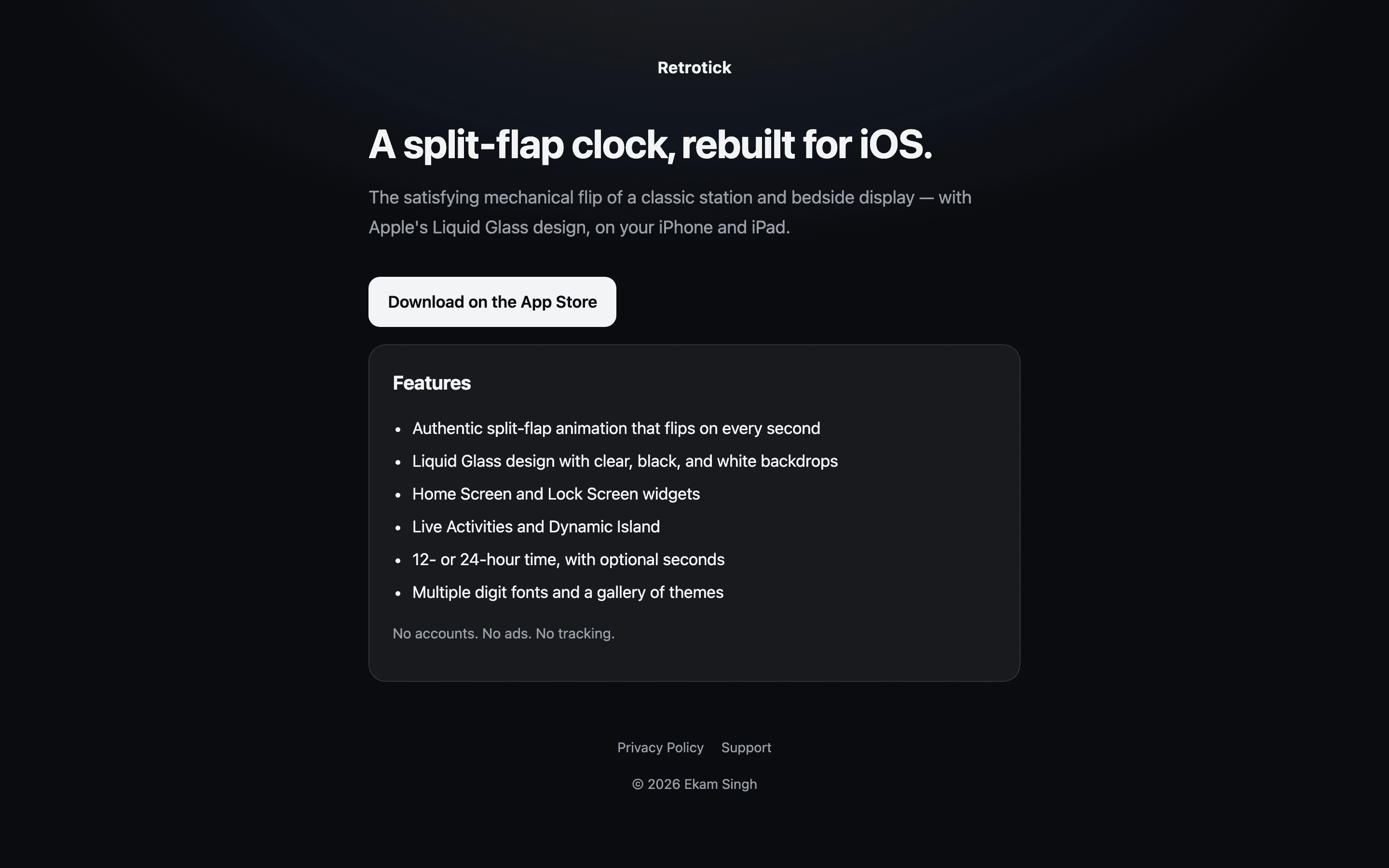 Retrotick marketing site describing the split flap clock, Liquid Glass design, widgets, and Live Activities