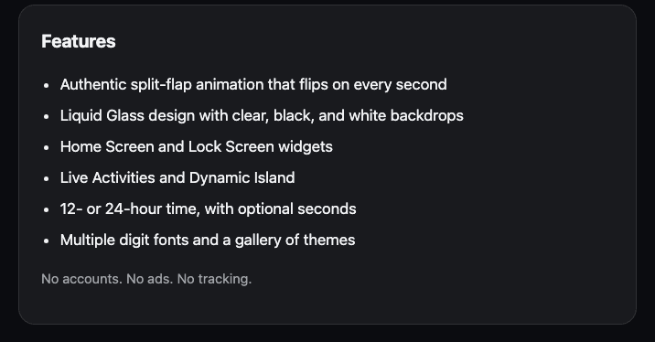 Features card from the Retrotick marketing site listing split flap animation, Liquid Glass backdrops, Home Screen and Lock Screen widgets, Live Activities and Dynamic Island, 12 or 24 hour time, and a gallery of themes