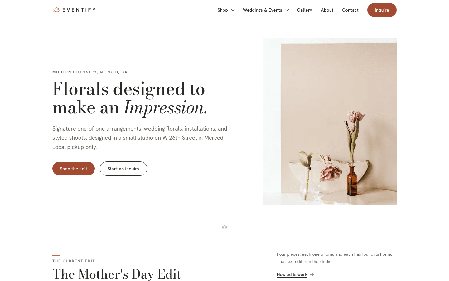 A sample floral studio website home page built with the studio, launching soon