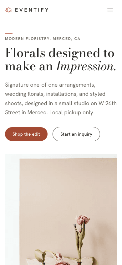 The Eventify sample floral studio site at phone width