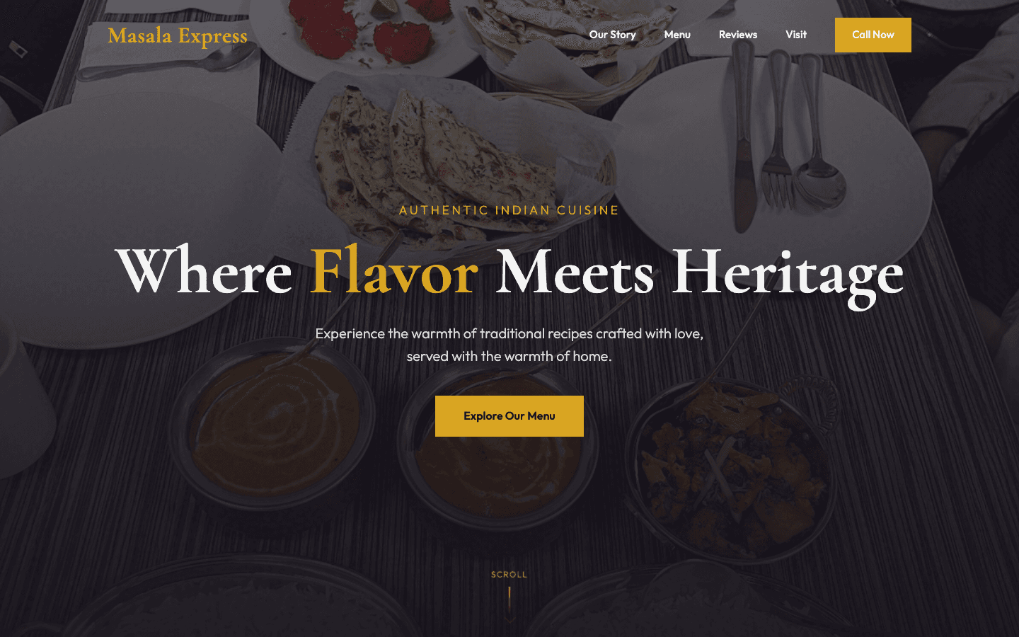 Masala Express home page hero over a table of Indian dishes, headlined where flavor meets heritage, with a menu button